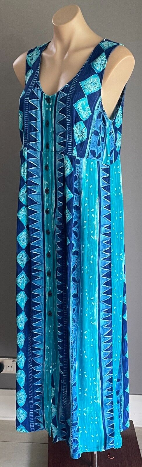 EVERYDAY by ROCKMANS Maxi Dress Blues Green Abstract Button Front Long Size 14