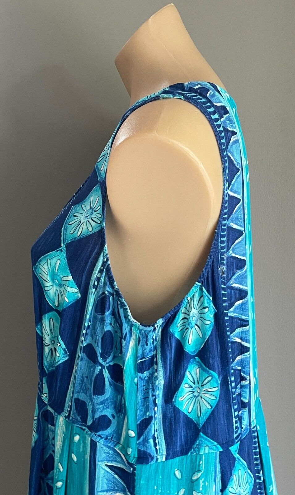 EVERYDAY by ROCKMANS Maxi Dress Blues Green Abstract Button Front Long Size 14