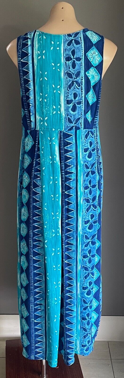 EVERYDAY by ROCKMANS Maxi Dress Blues Green Abstract Button Front Long Size 14