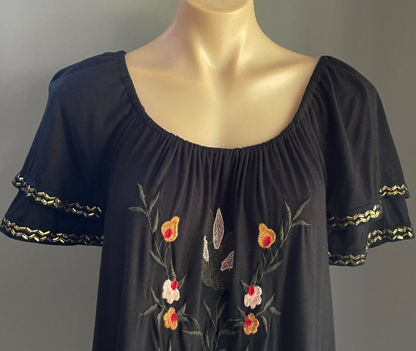 ROCKMANS Tunic Top Black Floral Embroidery Short Ruffle  Off Shoulder Sz M 12