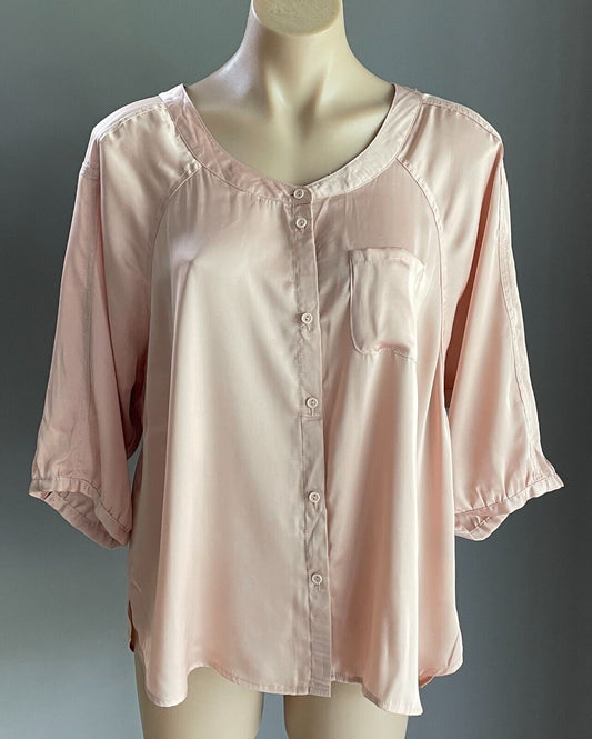 ROCKMANS Champagne Blush Pink Blouse 3/4 Sleeve Button Front Satin Silky Size 18