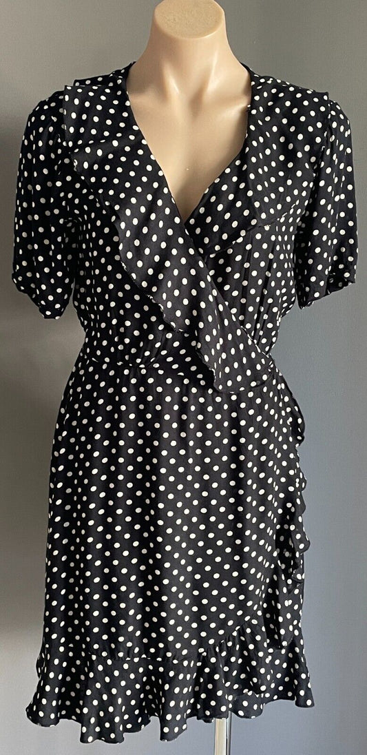 TREE OF LIFE Wrap Dress Black White Polka Dot Size S 10 12 Ruffle Short Sleeve