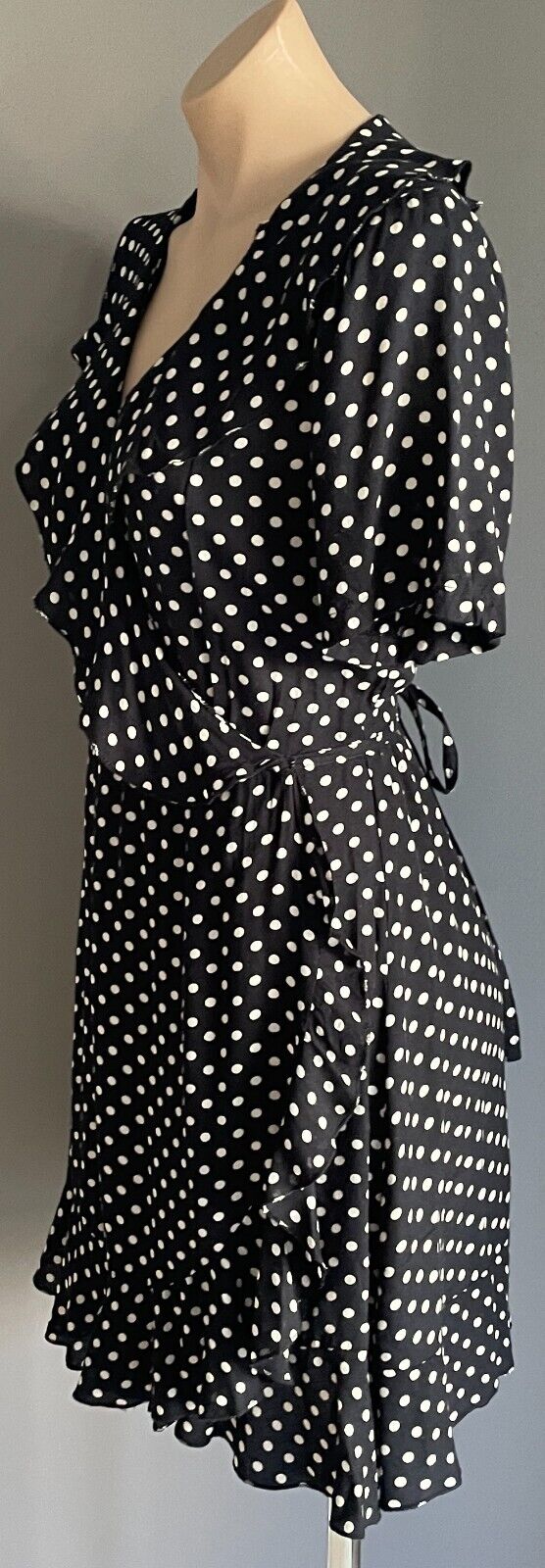 TREE OF LIFE Wrap Dress Black White Polka Dot Size S 10 12 Ruffle Short Sleeve