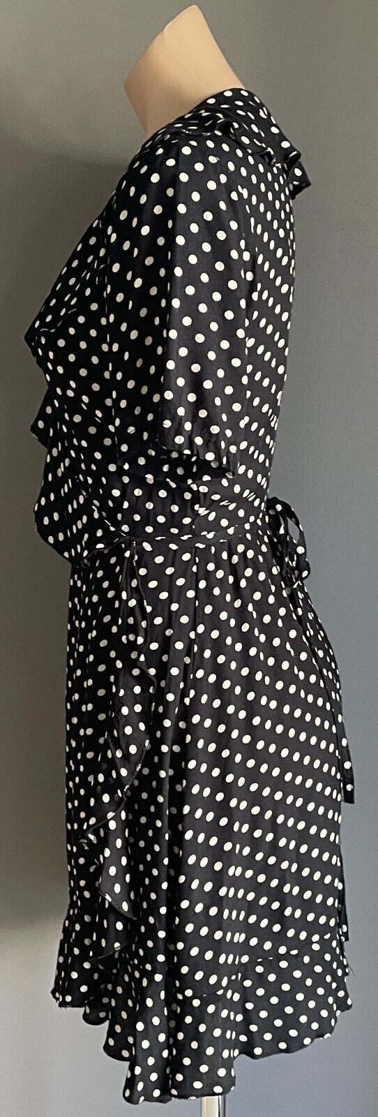 TREE OF LIFE Wrap Dress Black White Polka Dot Size S 10 12 Ruffle Short Sleeve