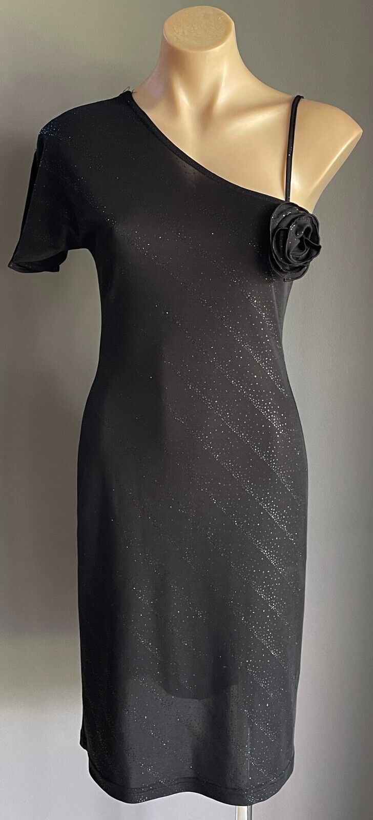 PORTMANS Dress Black Stretch Glitter Fabric Asymmetric Neckline Size 12