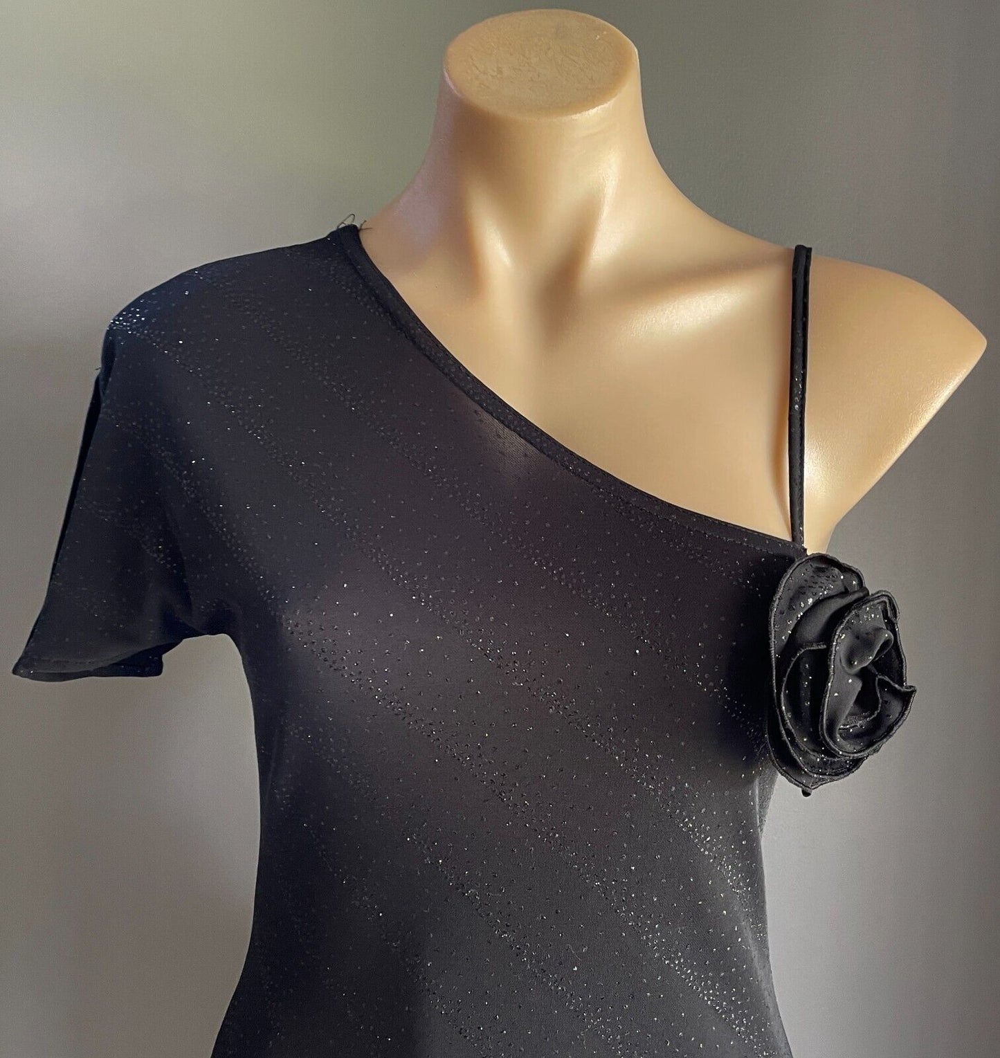 PORTMANS Dress Black Stretch Glitter Fabric Asymmetric Neckline Size 12