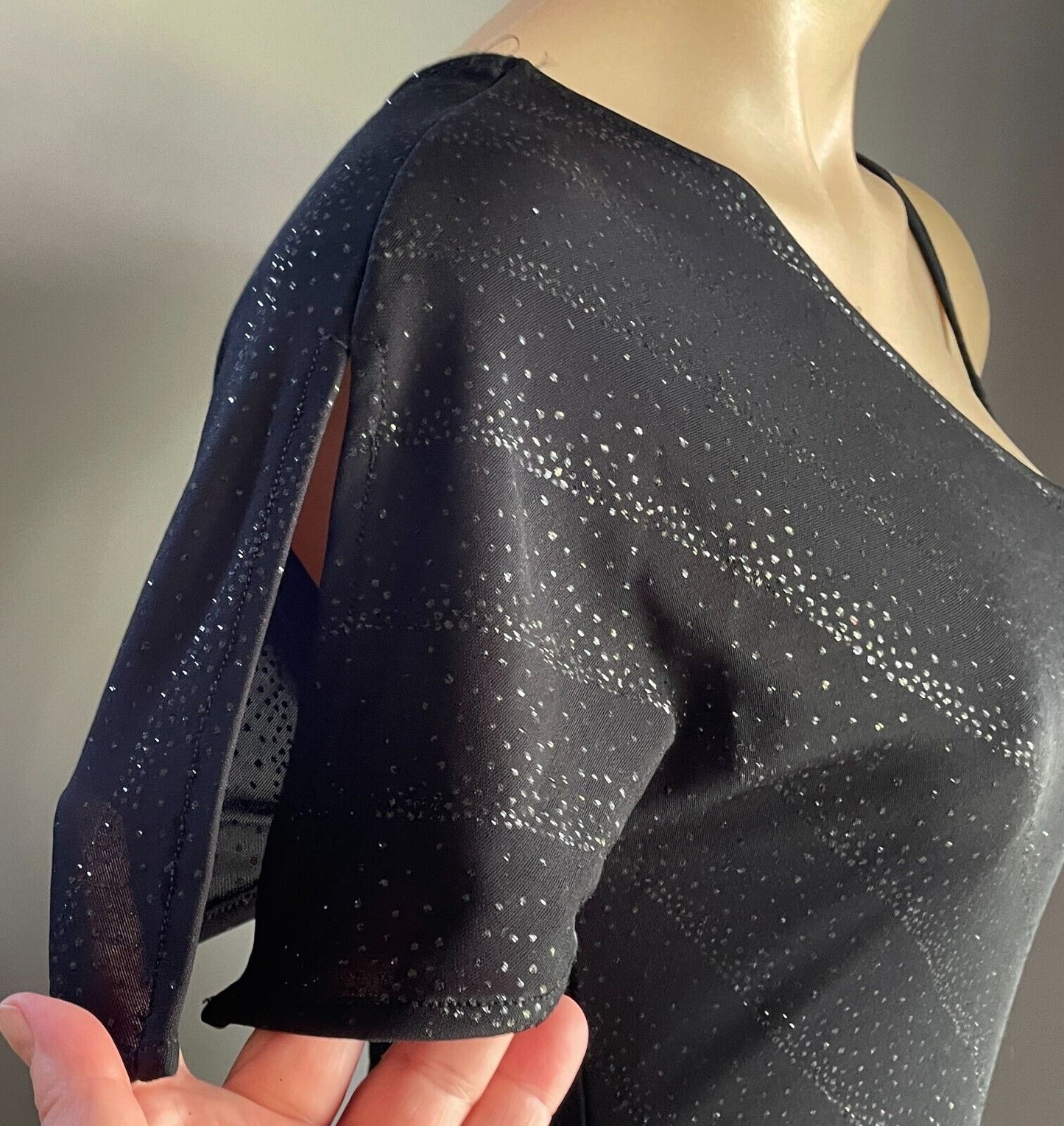 PORTMANS Dress Black Stretch Glitter Fabric Asymmetric Neckline Size 12