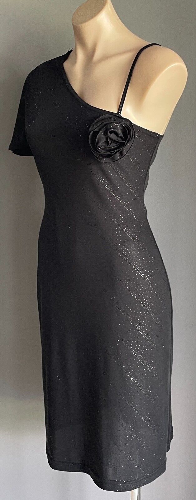 PORTMANS Dress Black Stretch Glitter Fabric Asymmetric Neckline Size 12