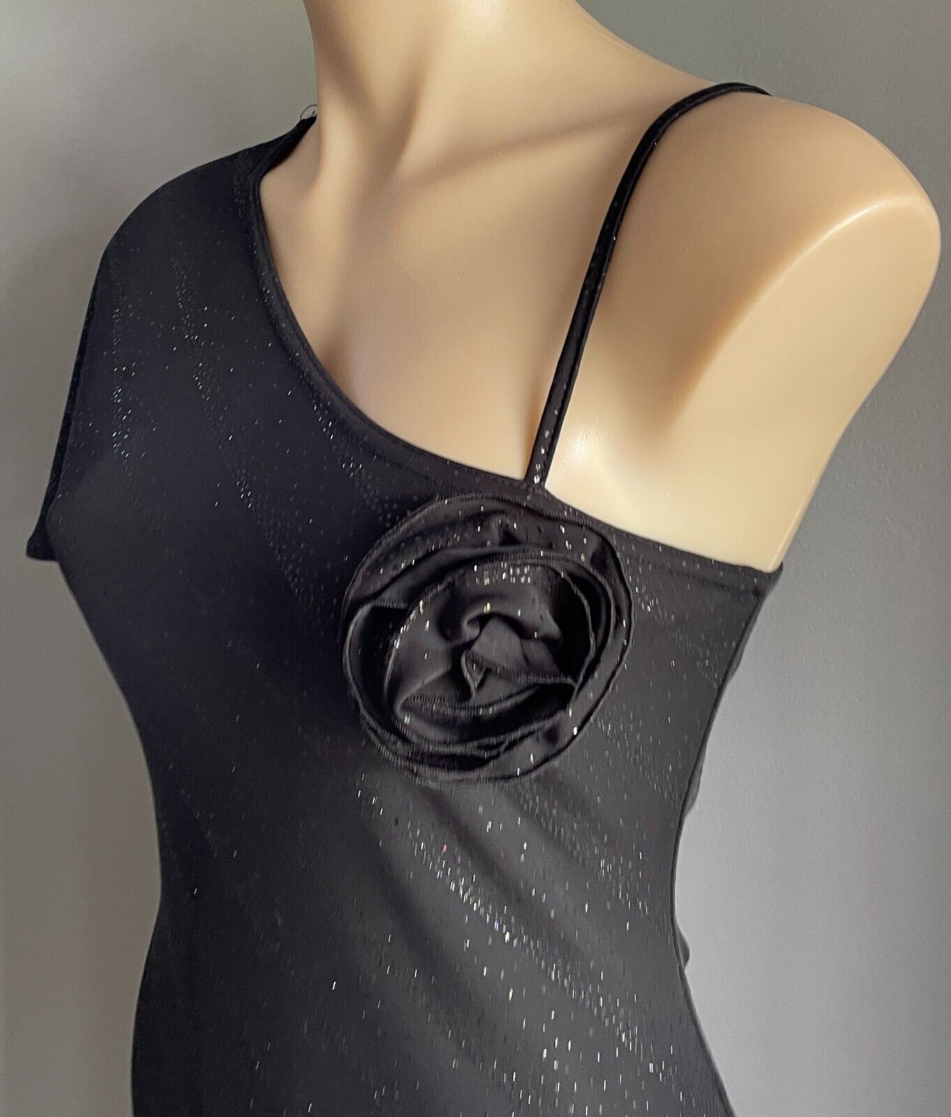 PORTMANS Dress Black Stretch Glitter Fabric Asymmetric Neckline Size 12
