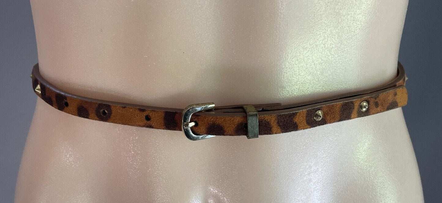 PORTMANS Belt PU 1cm Thin Brown & Tan Animal Print Gold Stud Trim Size XS S 10