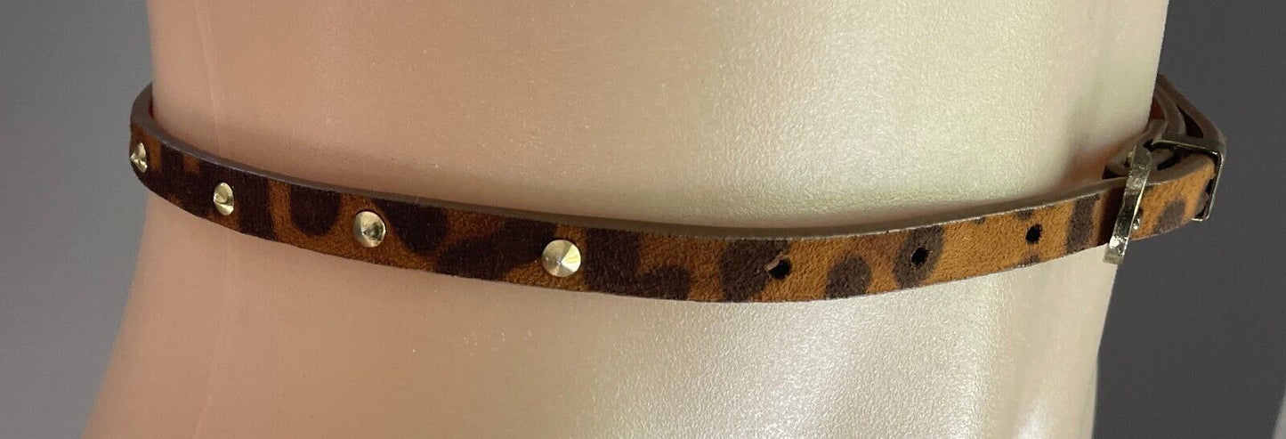 PORTMANS Belt PU 1cm Thin Brown & Tan Animal Print Gold Stud Trim Size XS S 10