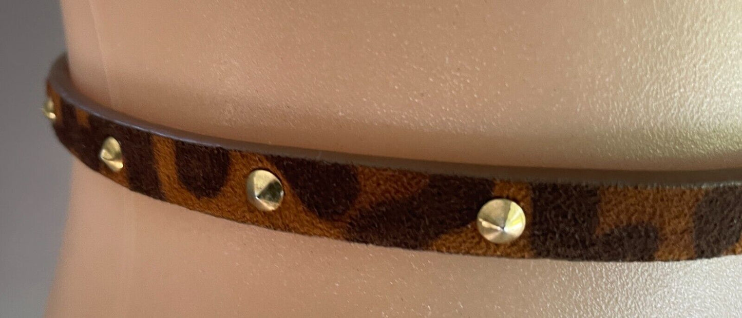 PORTMANS Belt PU 1cm Thin Brown & Tan Animal Print Gold Stud Trim Size XS S 10