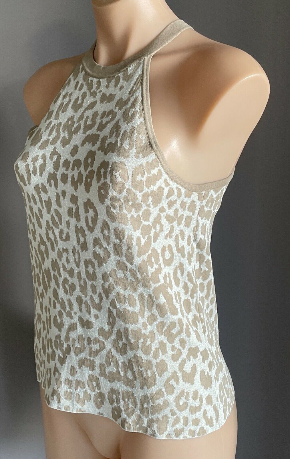 PORTMANS Halter Top Light Khaki Silver Knit Leopard Print Stretch Size S 12 NEW