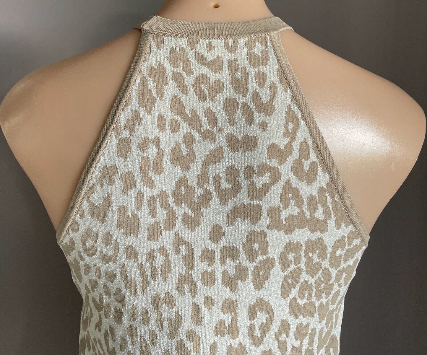 PORTMANS Halter Top Light Khaki Silver Knit Leopard Print Stretch Size S 12 NEW