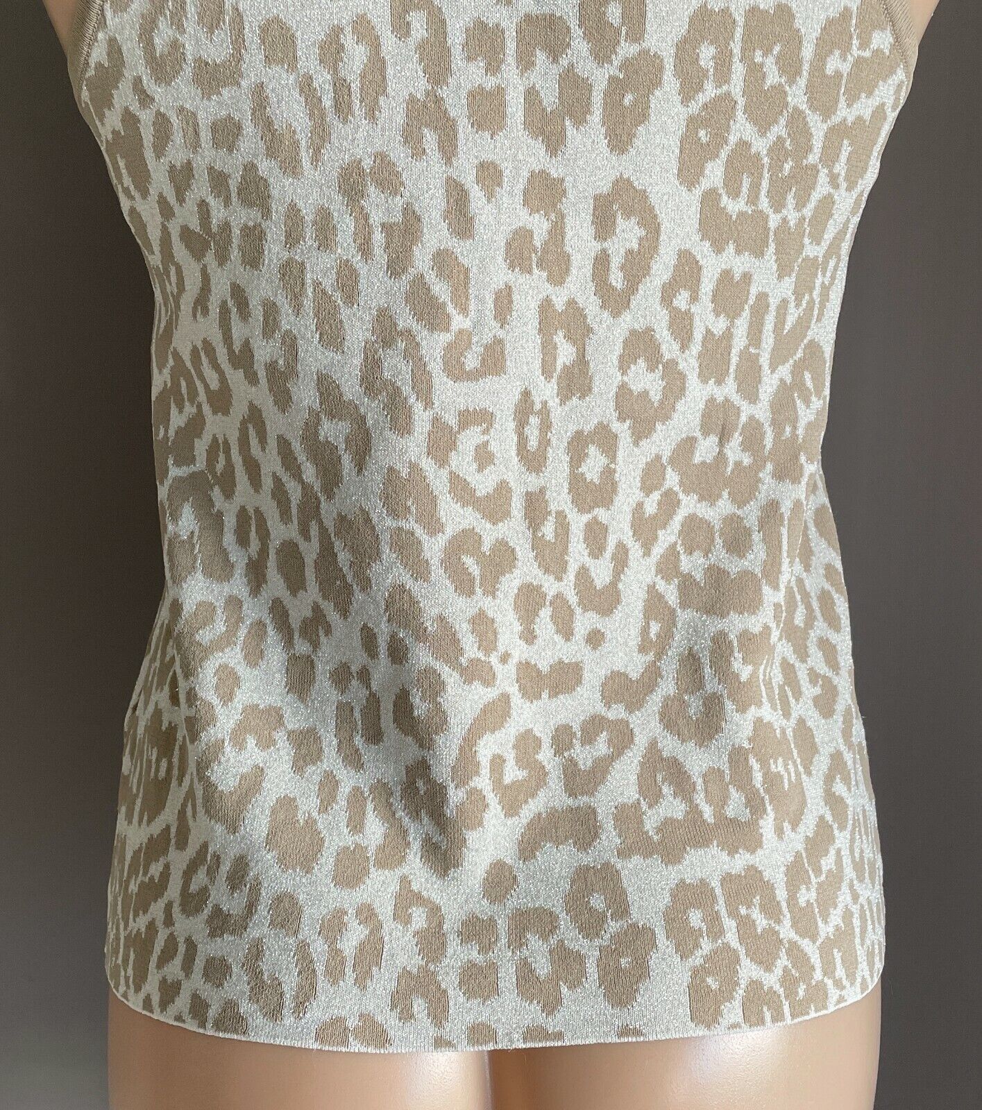 PORTMANS Halter Top Light Khaki Silver Knit Leopard Print Stretch Size S 12 NEW