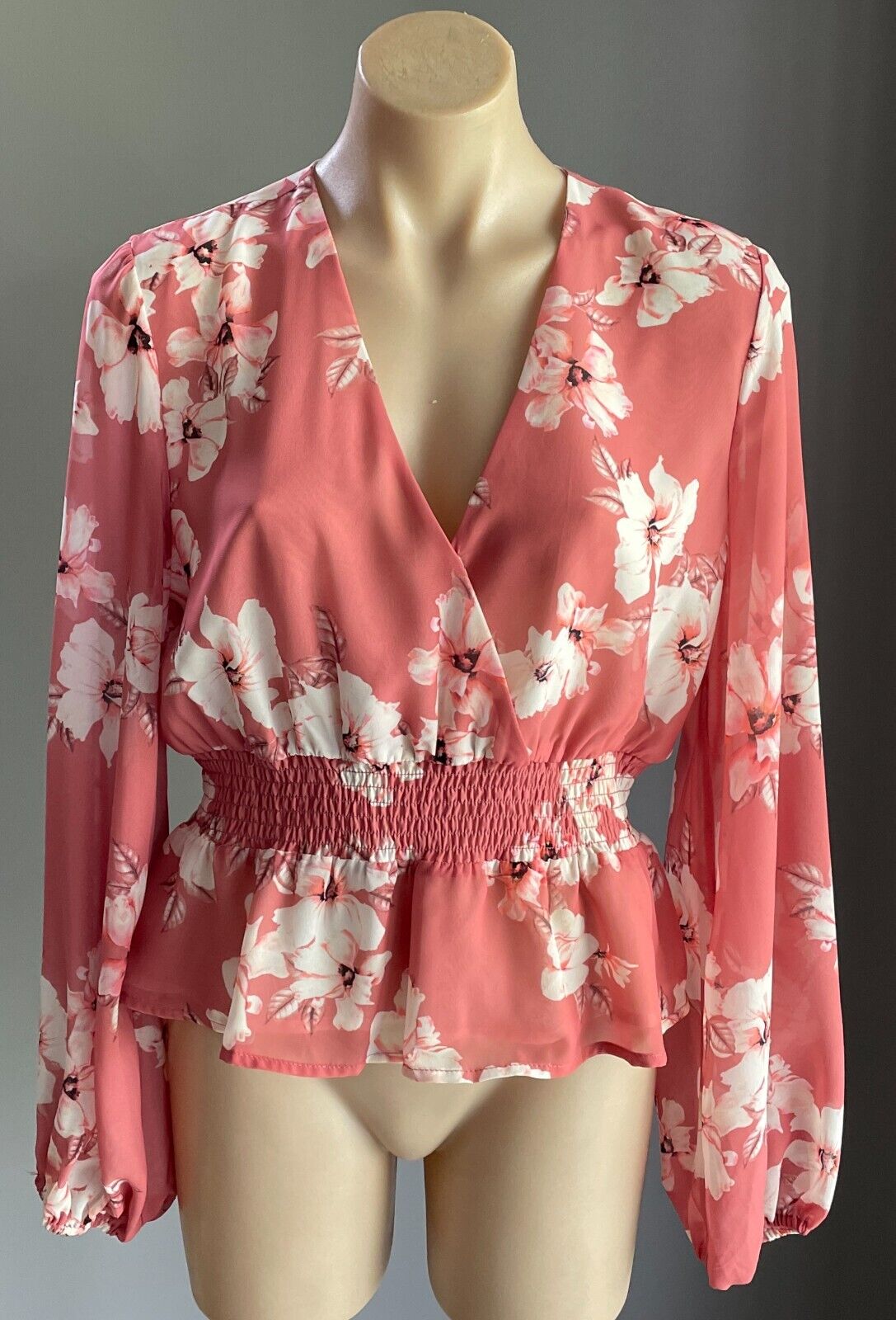 PORTMANS Top Salmon Floral Blouse Shirred Elastic Waist Long Sleeve Size 12 NEW