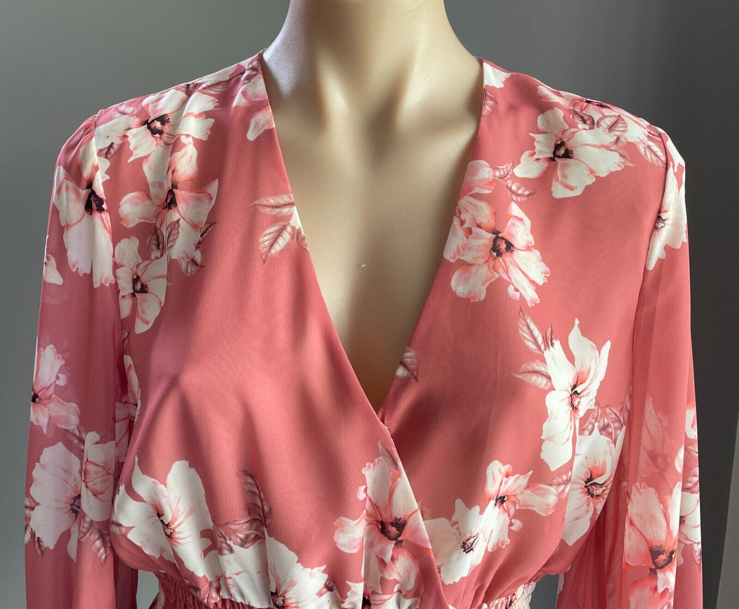 PORTMANS Top Salmon Floral Blouse Shirred Elastic Waist Long Sleeve Size 12 NEW
