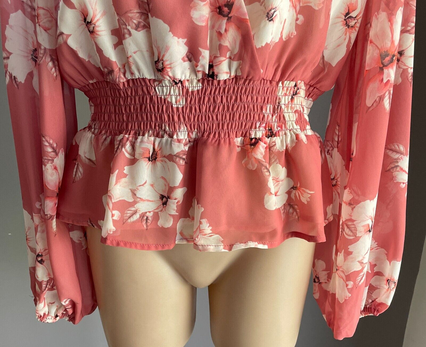 PORTMANS Top Salmon Floral Blouse Shirred Elastic Waist Long Sleeve Size 12 NEW