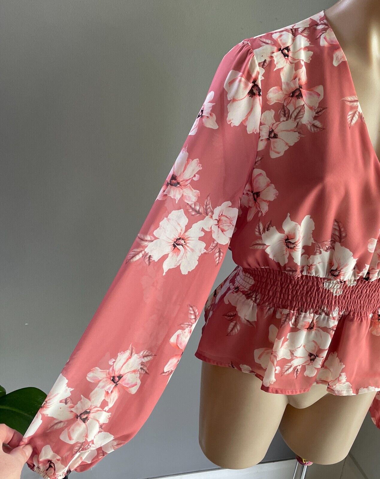 PORTMANS Top Salmon Floral Blouse Shirred Elastic Waist Long Sleeve Size 12 NEW