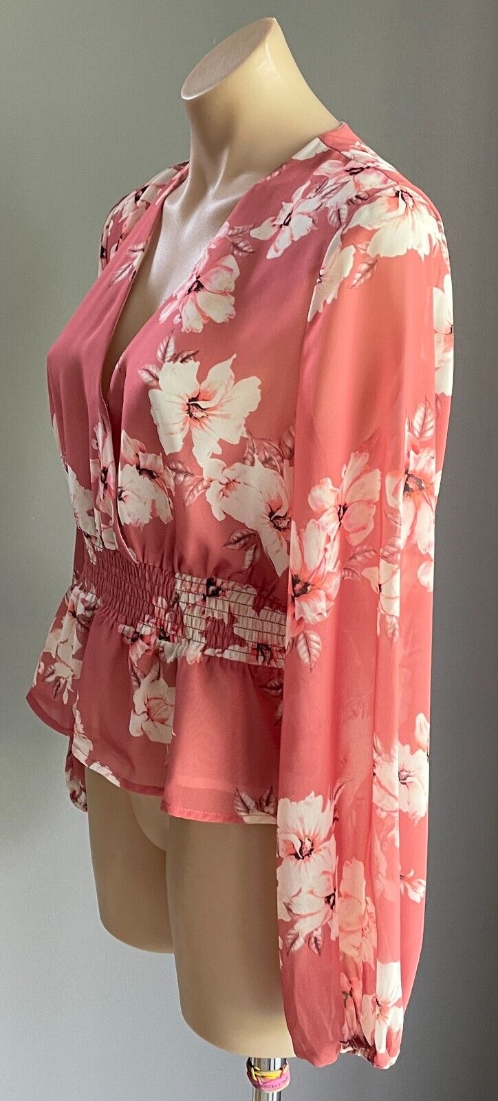 PORTMANS Top Salmon Floral Blouse Shirred Elastic Waist Long Sleeve Size 12 NEW