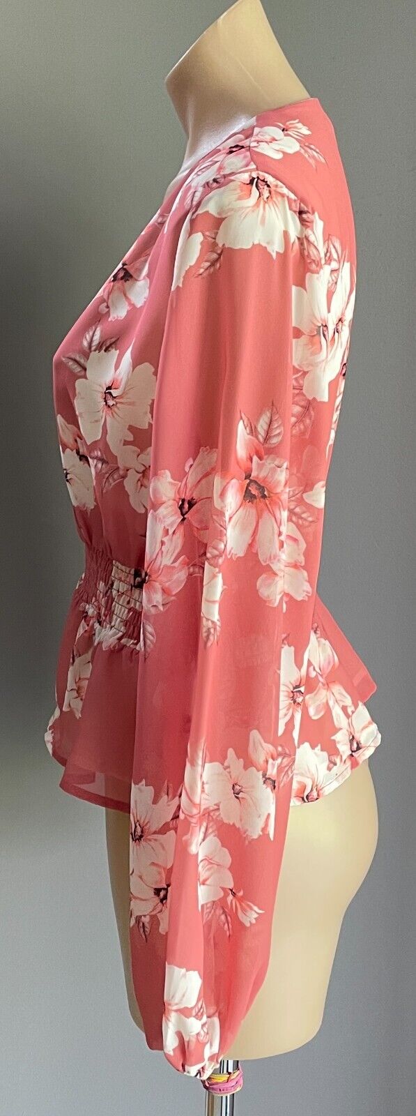 PORTMANS Top Salmon Floral Blouse Shirred Elastic Waist Long Sleeve Size 12 NEW