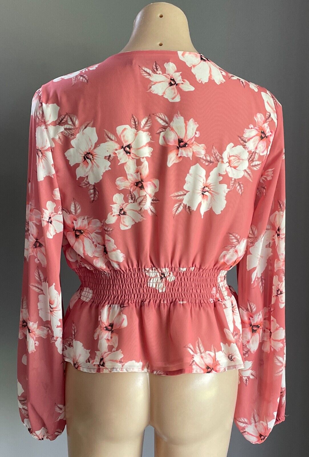 PORTMANS Top Salmon Floral Blouse Shirred Elastic Waist Long Sleeve Size 12 NEW