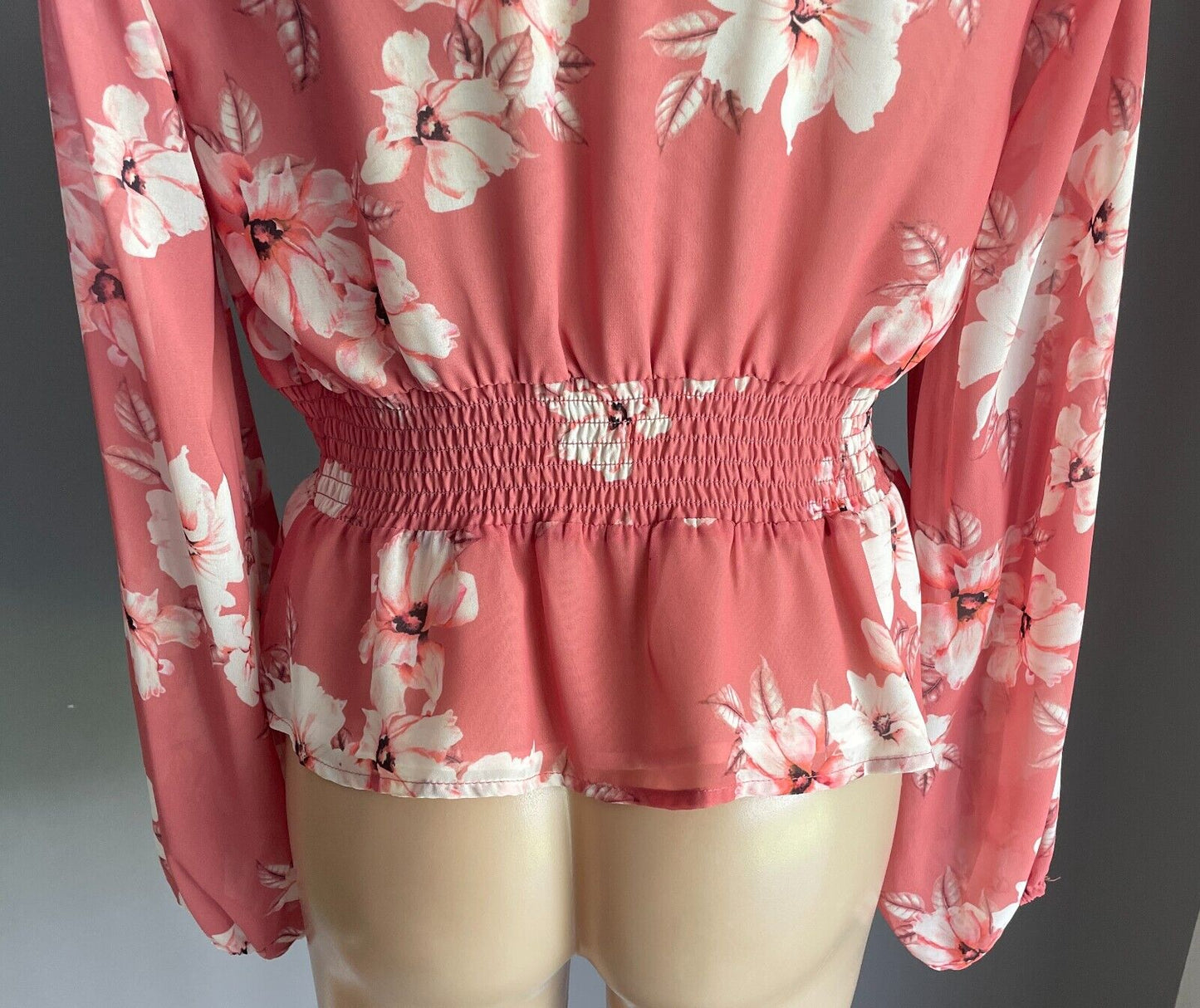 PORTMANS Top Salmon Floral Blouse Shirred Elastic Waist Long Sleeve Size 12 NEW