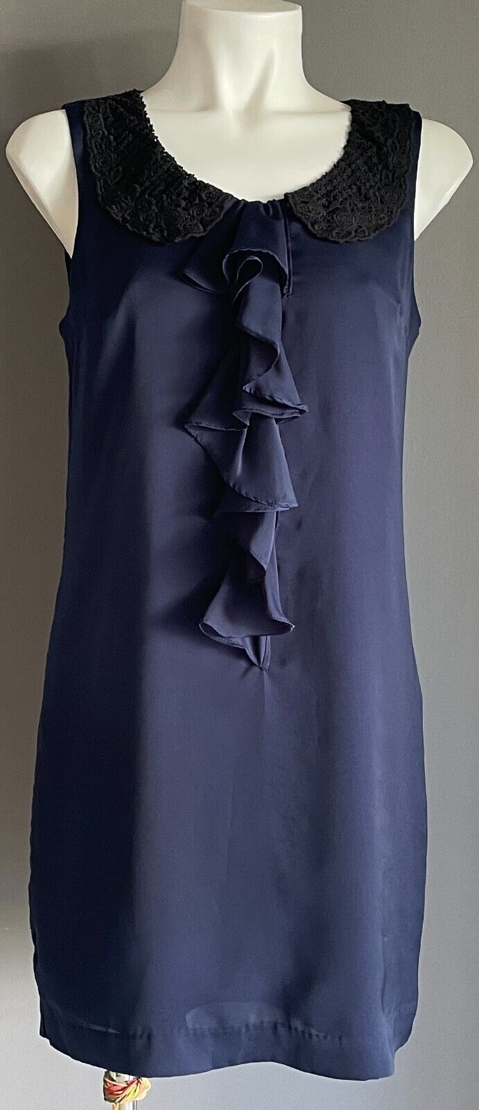 PORTMANS Dress Silky Sleeveless Ink Blue Ruffle Black Lace Collar Size 8 NWT