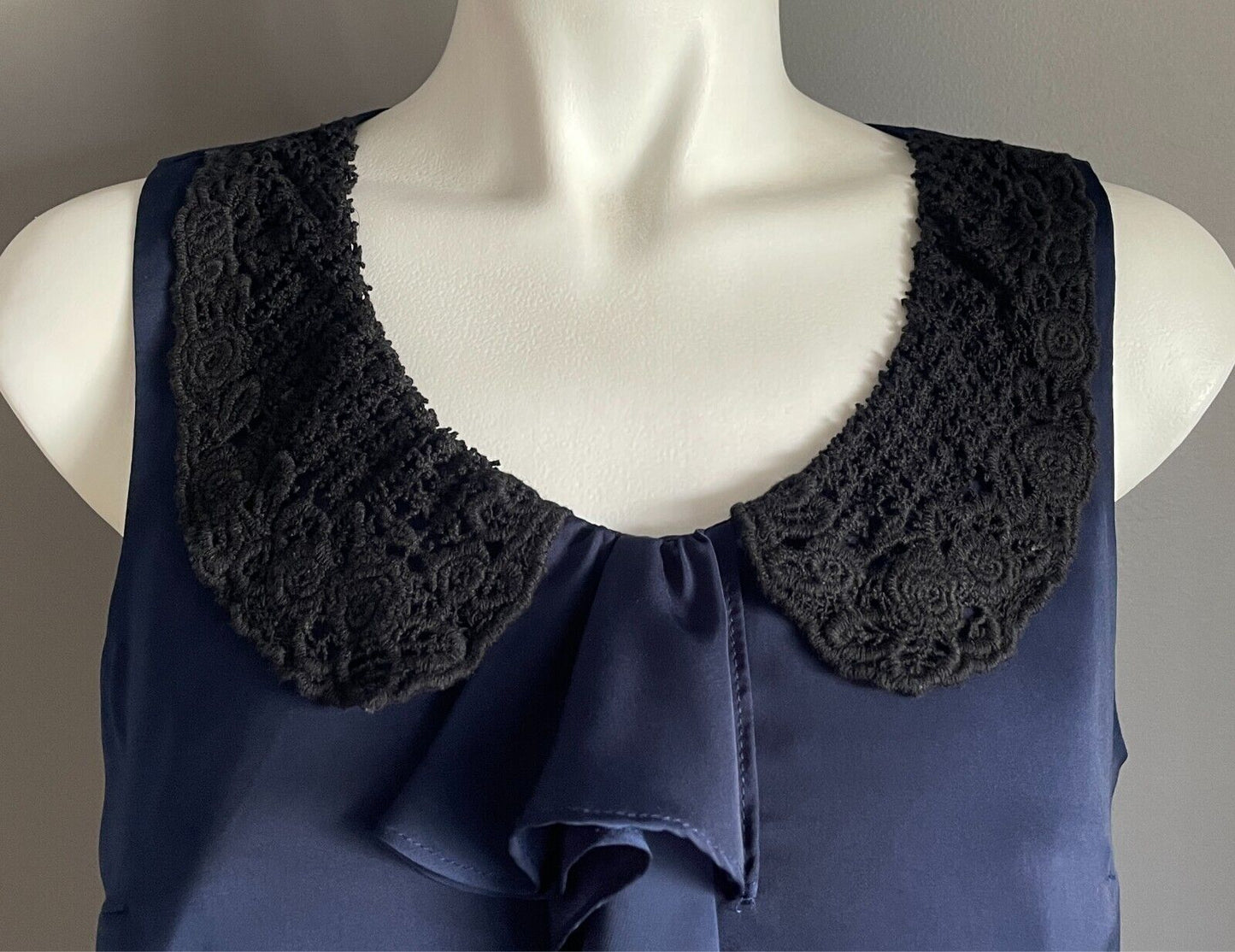 PORTMANS Dress Silky Sleeveless Ink Blue Ruffle Black Lace Collar Size 8 NWT