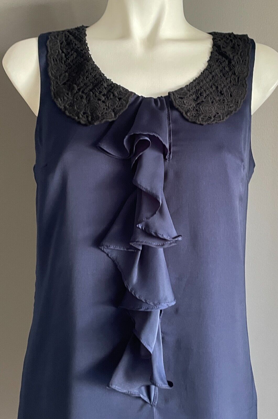 PORTMANS Dress Silky Sleeveless Ink Blue Ruffle Black Lace Collar Size 8 NWT