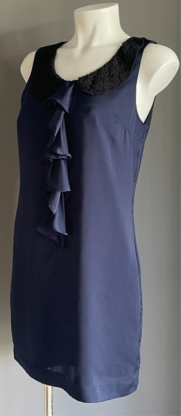 PORTMANS Dress Silky Sleeveless Ink Blue Ruffle Black Lace Collar Size 8 NWT