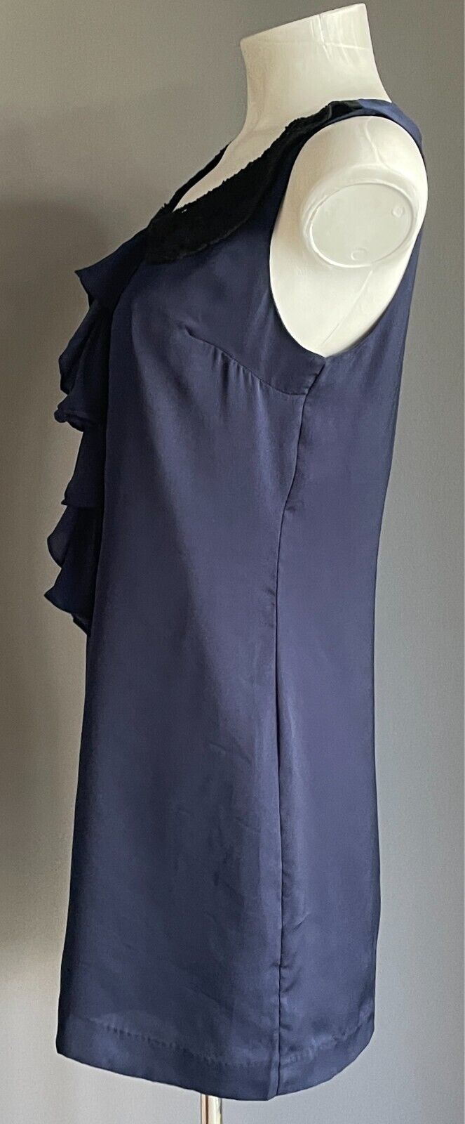 PORTMANS Dress Silky Sleeveless Ink Blue Ruffle Black Lace Collar Size 8 NWT