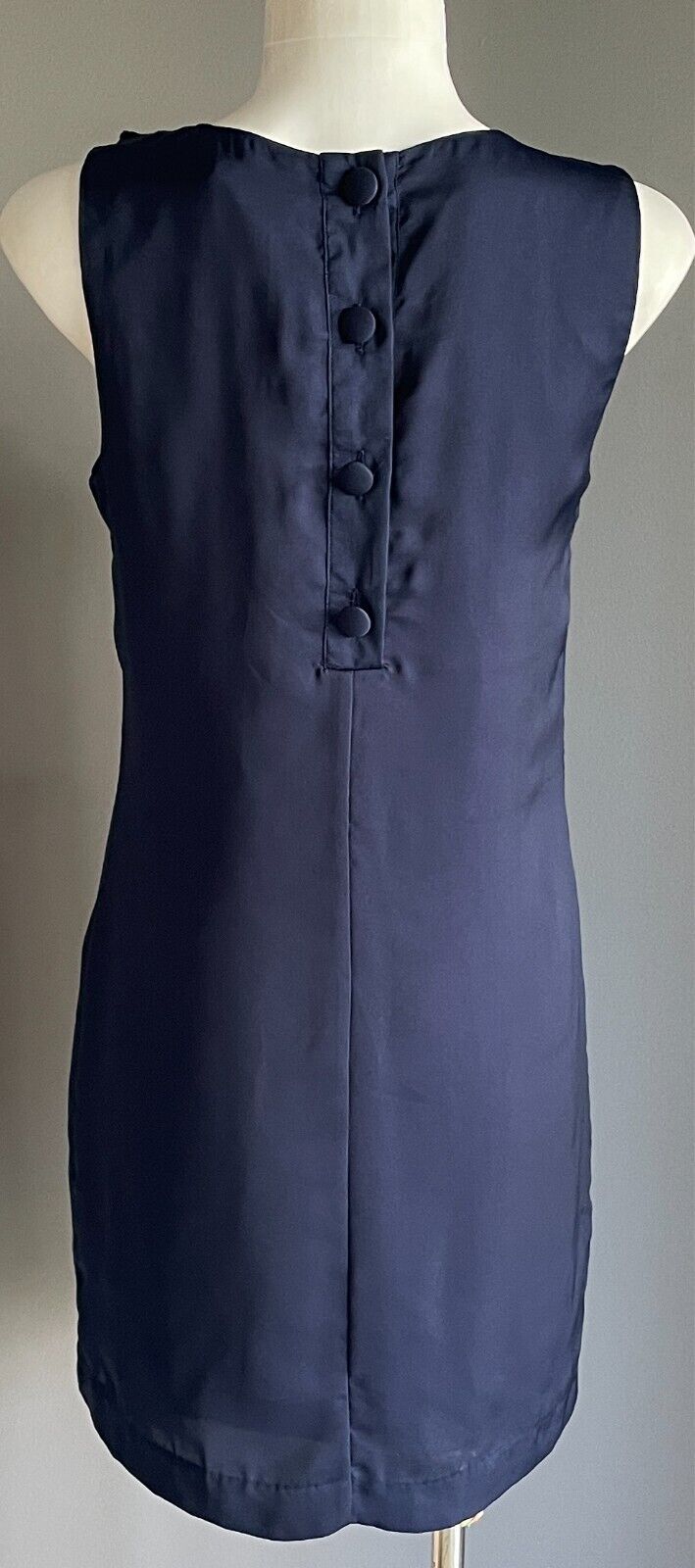 PORTMANS Dress Silky Sleeveless Ink Blue Ruffle Black Lace Collar Size 8 NWT