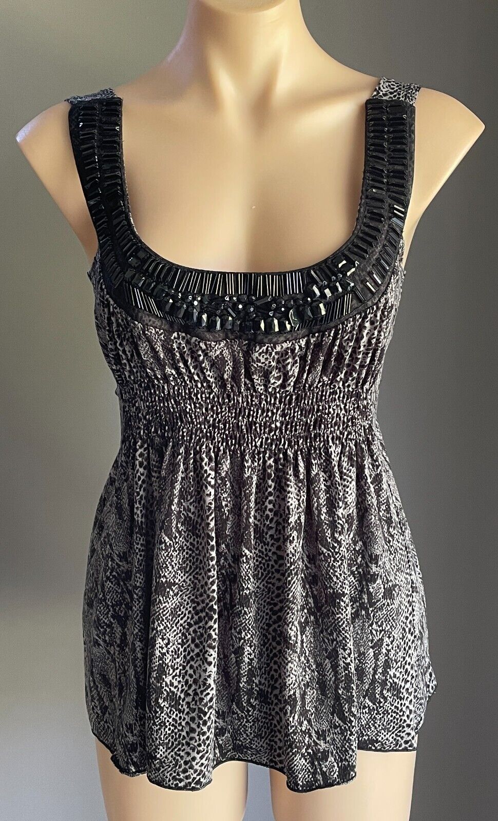 PORTMANS Top Grey Black Python Print Sleeveless Tie Back Beaded Trim Size S 10