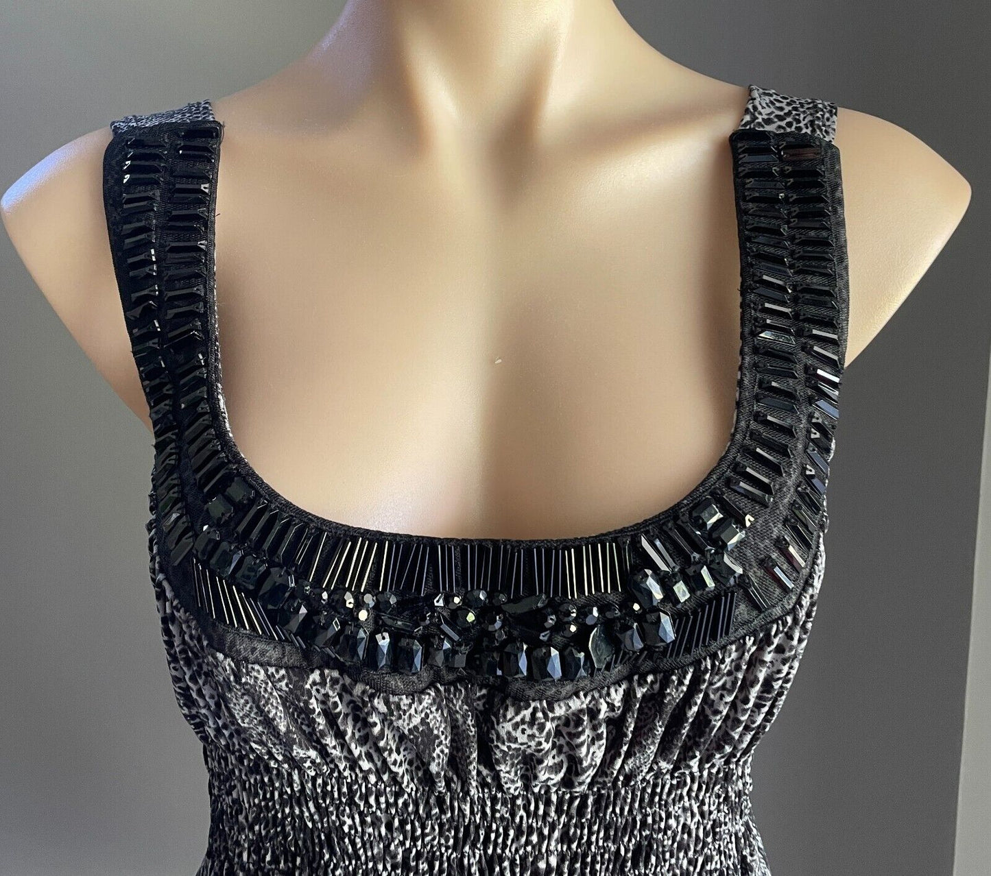 PORTMANS Top Grey Black Python Print Sleeveless Tie Back Beaded Trim Size S 10