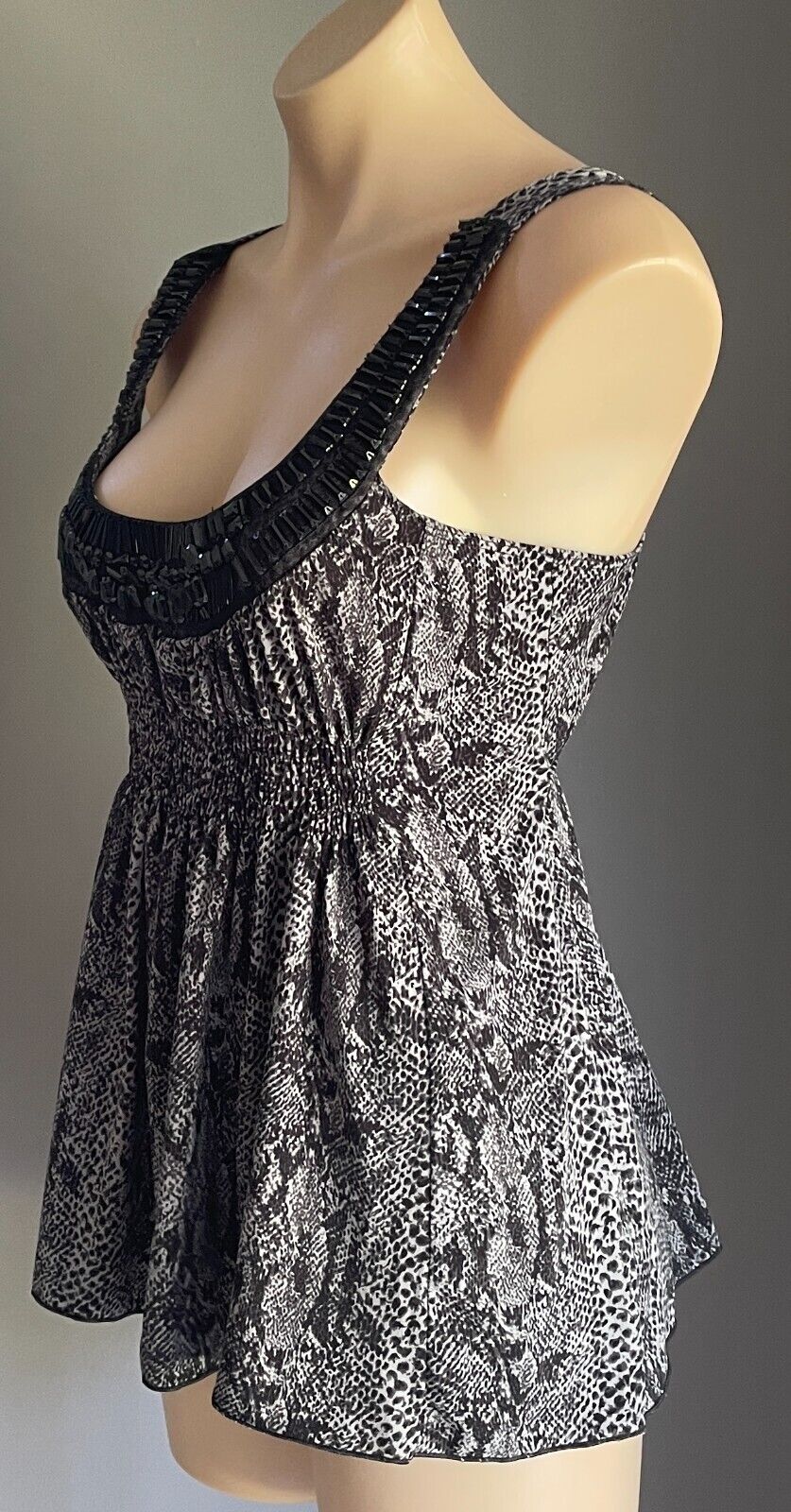 PORTMANS Top Grey Black Python Print Sleeveless Tie Back Beaded Trim Size S 10