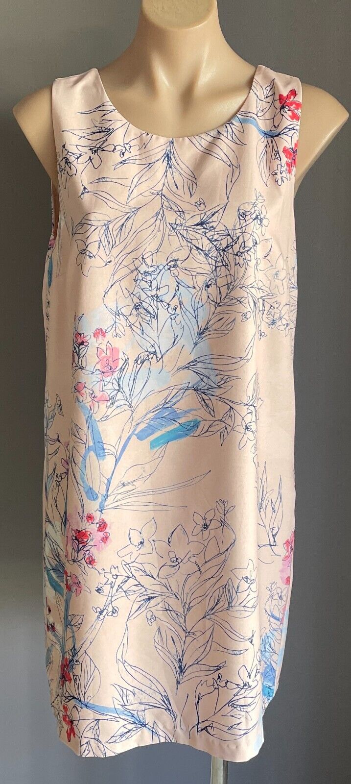BASQUE Shift Dress Pink Blush Floral Print Sleeveless Tie at Back Lined Size 12