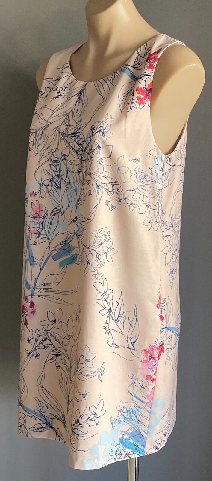 BASQUE Shift Dress Pink Blush Floral Print Sleeveless Tie at Back Lined Size 12