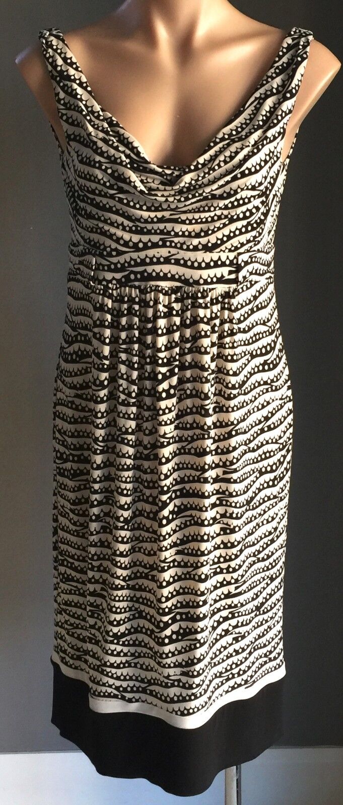 BASQUE PETITES Dress Black & Ivory Print Cowl Neck Stretch Belt Loop Sz S 8 10