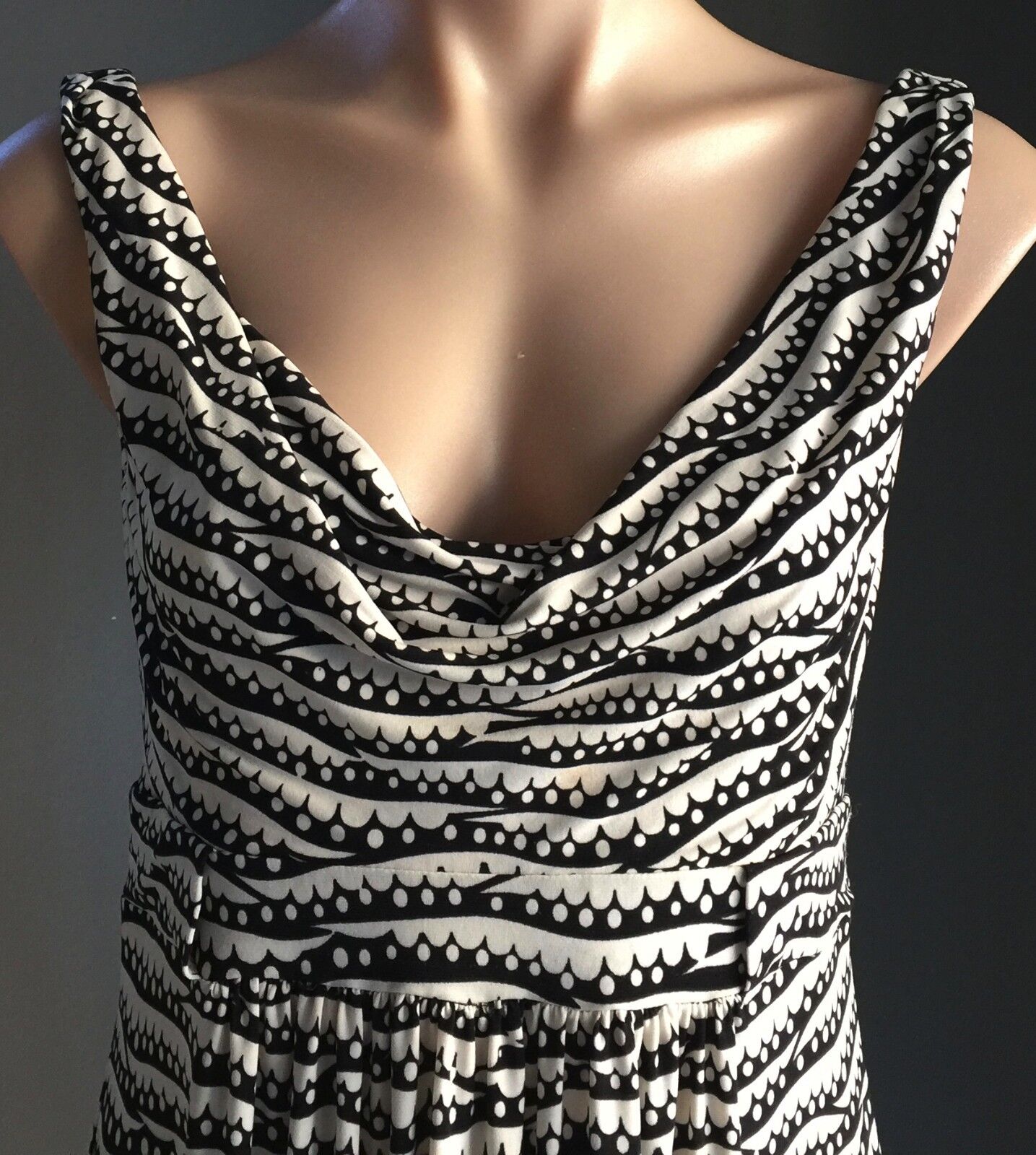 BASQUE PETITES Dress Black & Ivory Print Cowl Neck Stretch Belt Loop Sz S 8 10