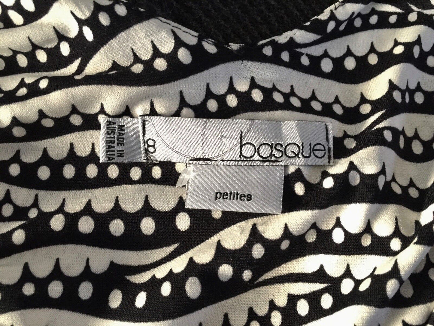 BASQUE PETITES Dress Black & Ivory Print Cowl Neck Stretch Belt Loop Sz S 8 10