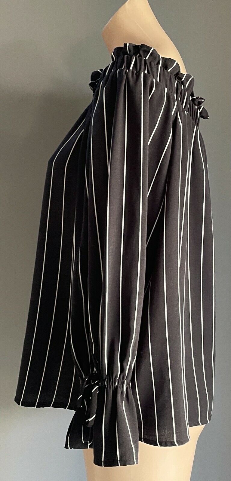 BASQUE Top Blouse Black White Stripe Bracelet Length Sleeve Off Shoulder Size 16