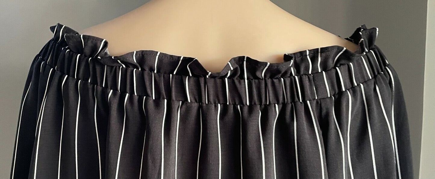 BASQUE Top Blouse Black White Stripe Bracelet Length Sleeve Off Shoulder Size 16