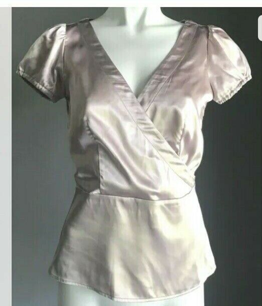 BASQUE Top Blush Pink Shiny Satin Cross Over Short Sleeve Blouse Side Zip Sz 6 8