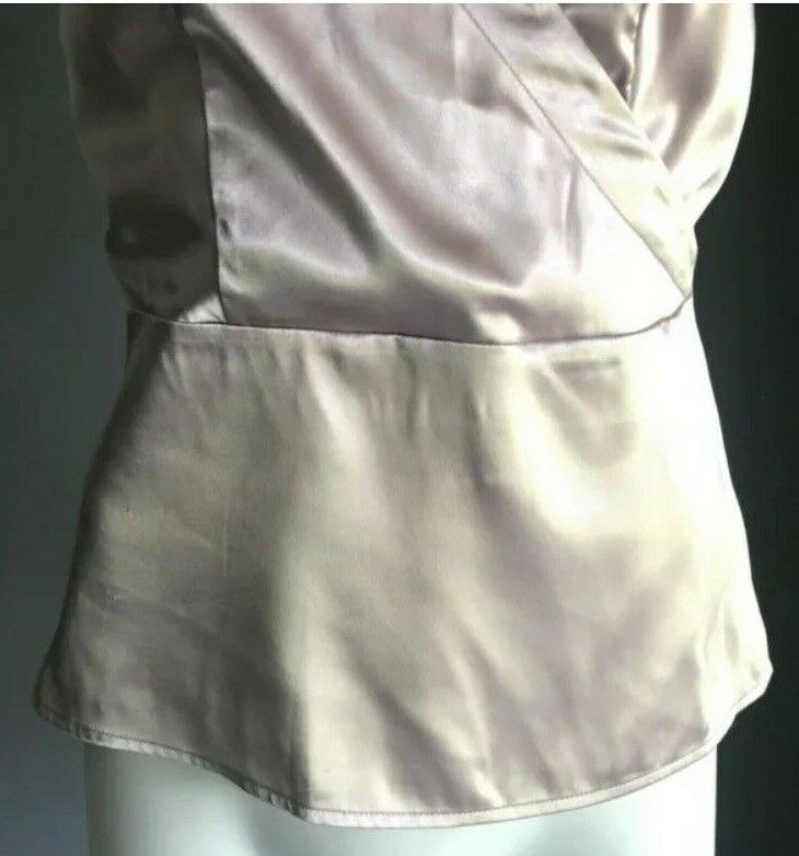 BASQUE Top Blush Pink Shiny Satin Cross Over Short Sleeve Blouse Side Zip Sz 6 8