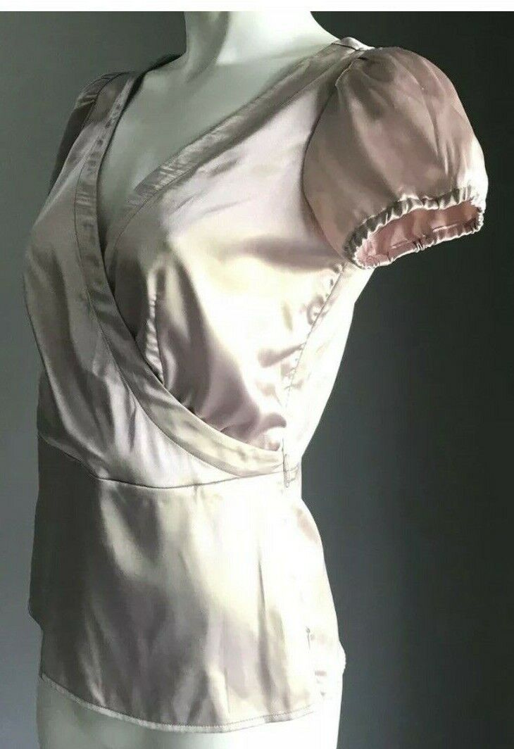 BASQUE Top Blush Pink Shiny Satin Cross Over Short Sleeve Blouse Side Zip Sz 6 8