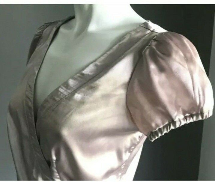 BASQUE Top Blush Pink Shiny Satin Cross Over Short Sleeve Blouse Side Zip Sz 6 8