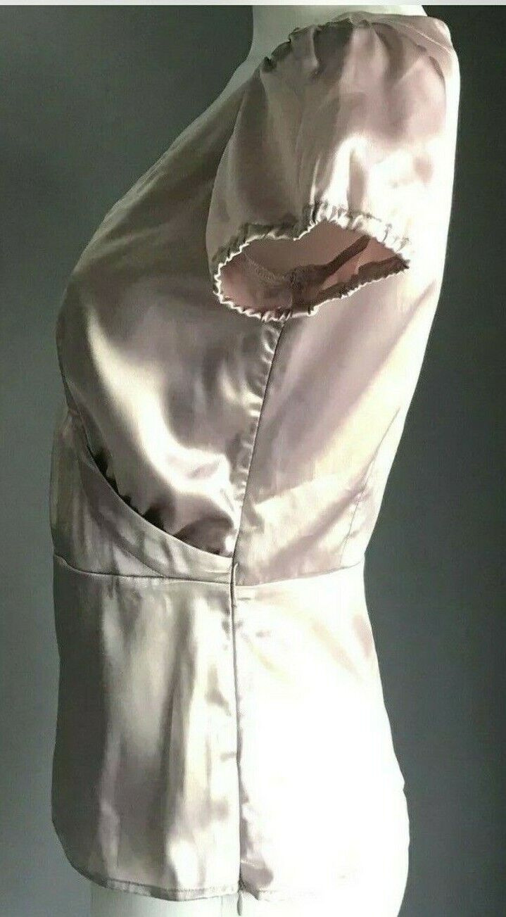 BASQUE Top Blush Pink Shiny Satin Cross Over Short Sleeve Blouse Side Zip Sz 6 8