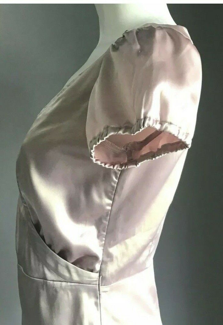 BASQUE Top Blush Pink Shiny Satin Cross Over Short Sleeve Blouse Side Zip Sz 6 8