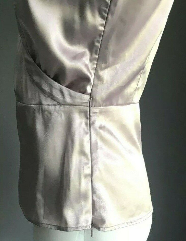 BASQUE Top Blush Pink Shiny Satin Cross Over Short Sleeve Blouse Side Zip Sz 6 8